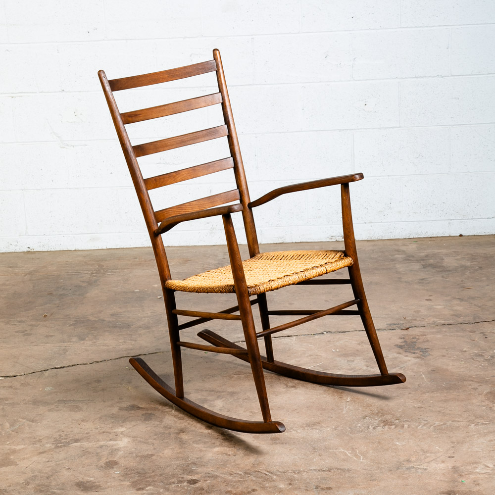 Mid Century Modern Rocking Chair Wood Brown Rocker Paper Wrapped Vintage