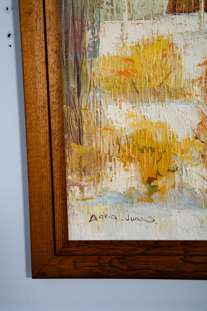 Mid Century Modern Oil Painting Original Art Abstract Landscape Signed Tan White - Image 5