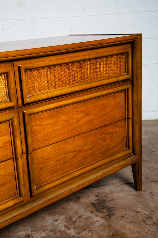 Mid Century Modern Dresser Credenza Thomasville Wide 9 Drawer Walnut Cane Mcm - Image 9