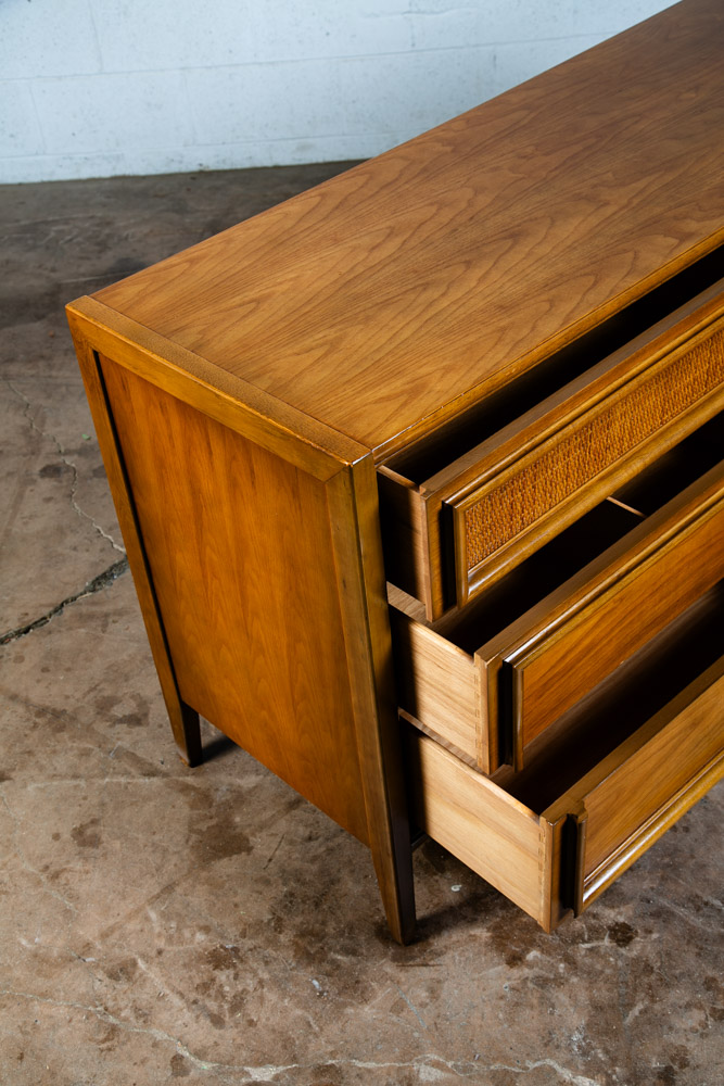 Mid Century Modern Dresser Credenza Thomasville Wide 9 Drawer Walnut Cane Mcm - Image 10