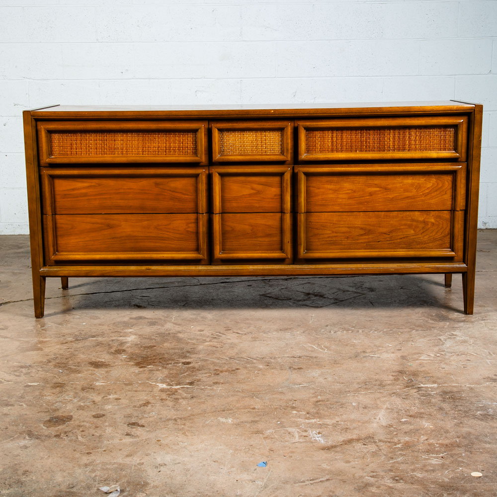Mid Century Modern Dresser Credenza Thomasville Wide 9 Drawer Walnut Cane Mcm - Image 2