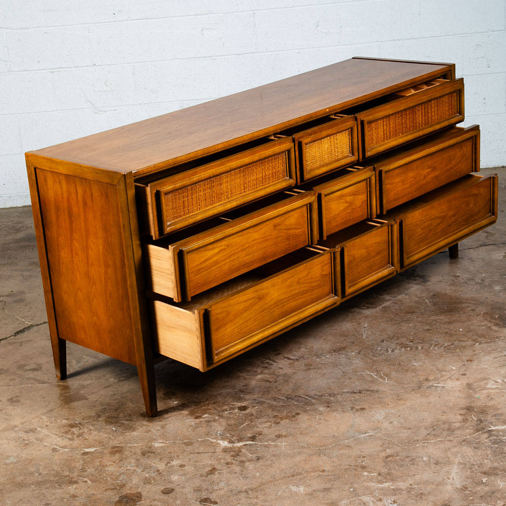 Mid Century Modern Dresser Credenza Thomasville Wide 9 Drawer Walnut Cane Mcm - Image 5