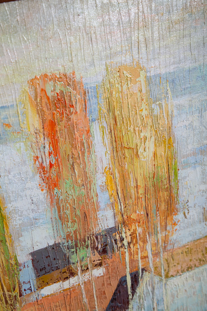 Mid Century Modern Oil Painting Original Art Abstract Landscape Signed Tan White - Image 9