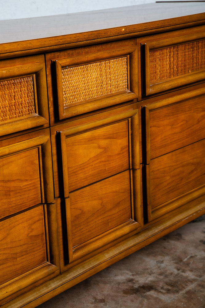 Mid Century Modern Dresser Credenza Thomasville Wide 9 Drawer Walnut Cane Mcm - Image 7