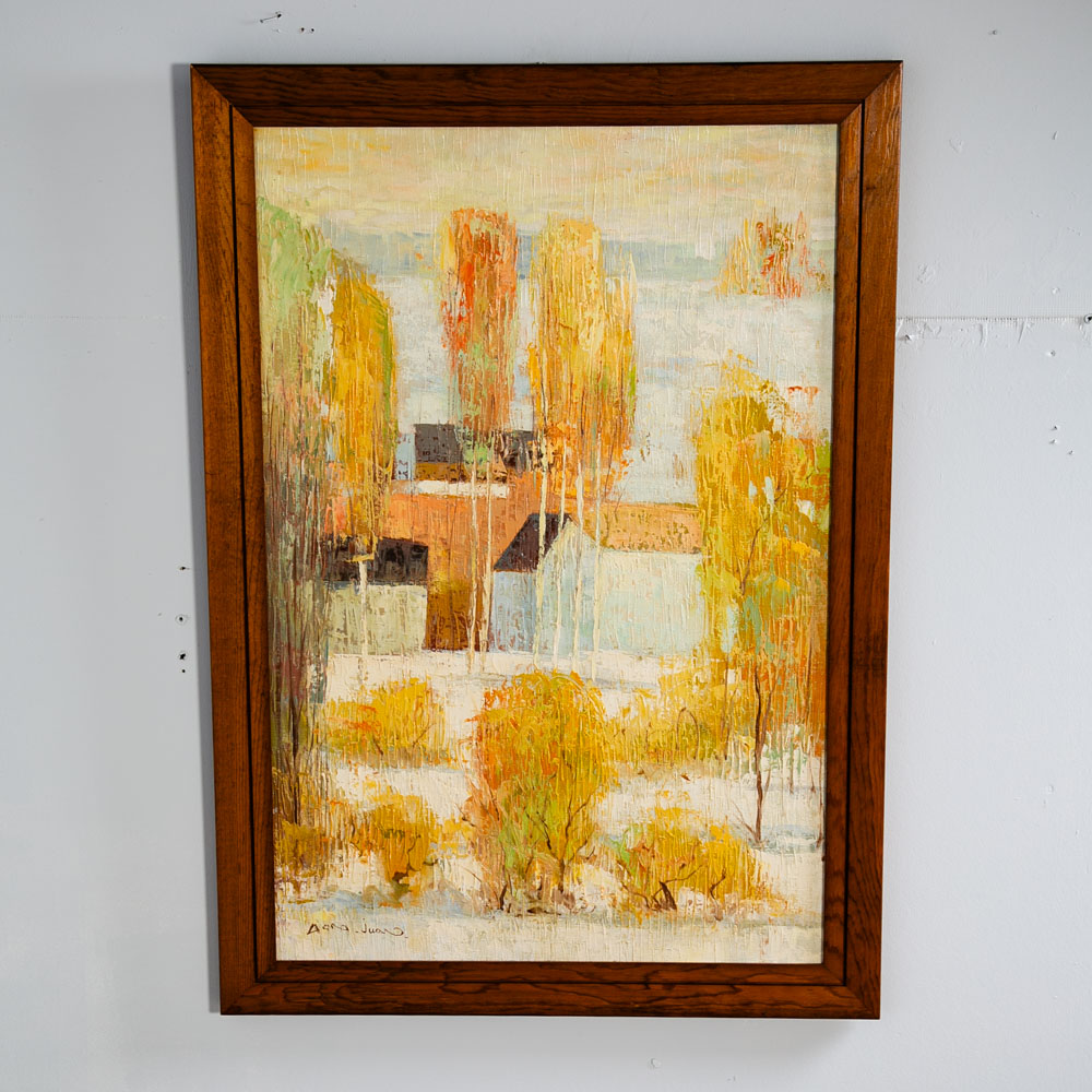 Mid Century Modern Oil Painting Original Art Abstract Landscape Signed Tan White