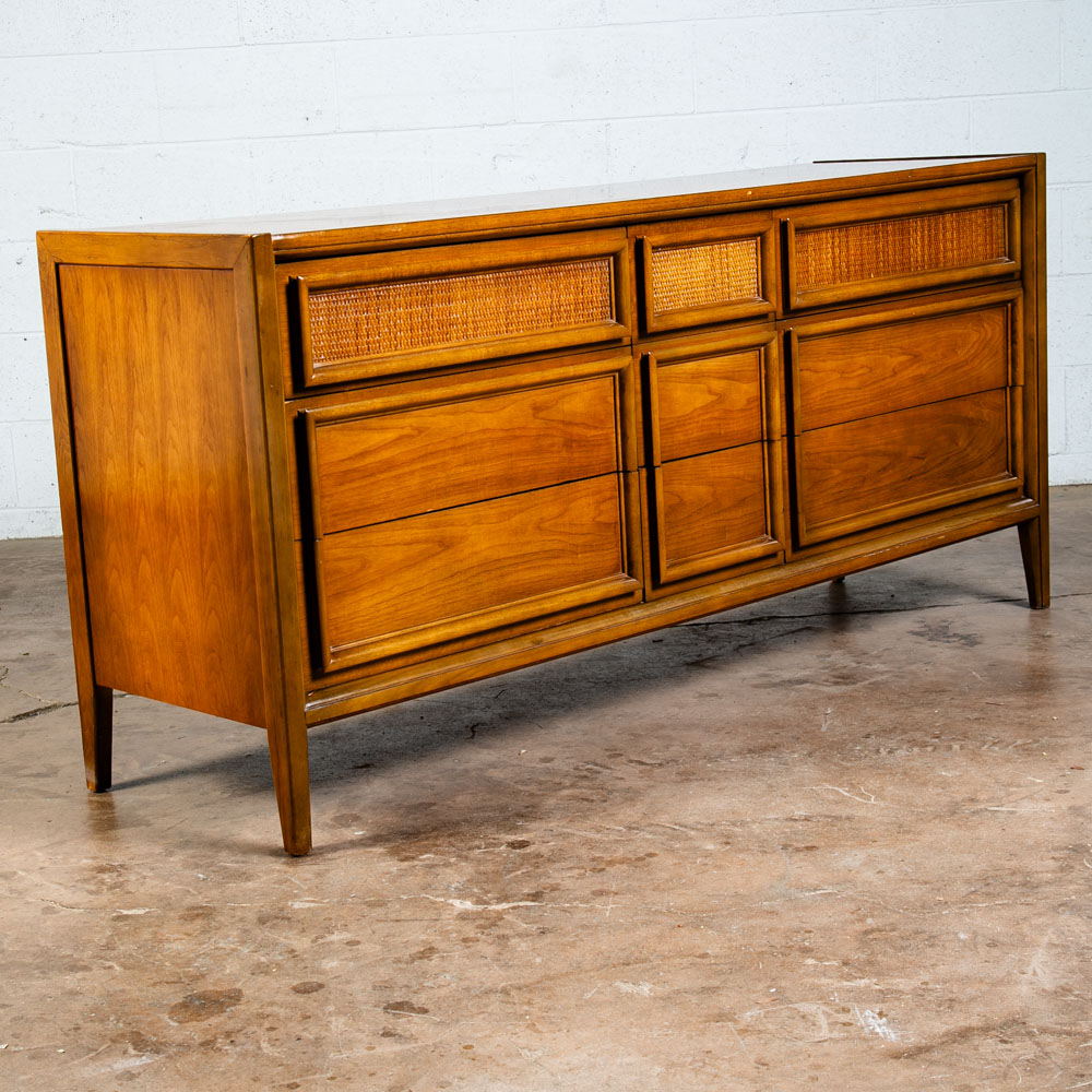 Mid Century Modern Dresser Credenza Thomasville Wide 9 Drawer Walnut Cane Mcm