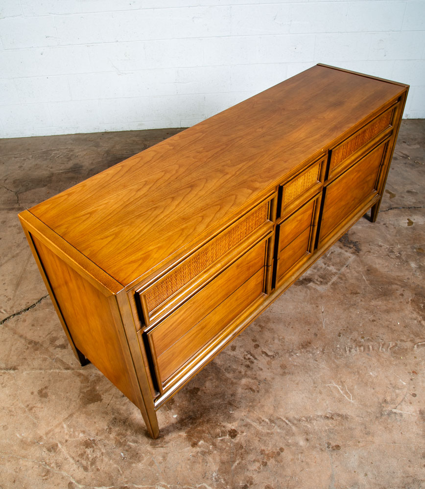Mid Century Modern Dresser Credenza Thomasville Wide 9 Drawer Walnut Cane Mcm - Image 11