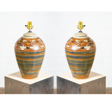 Mid Century Modern Table Lamp Set Pair Green Orange Grey Ceramic Round Vintage