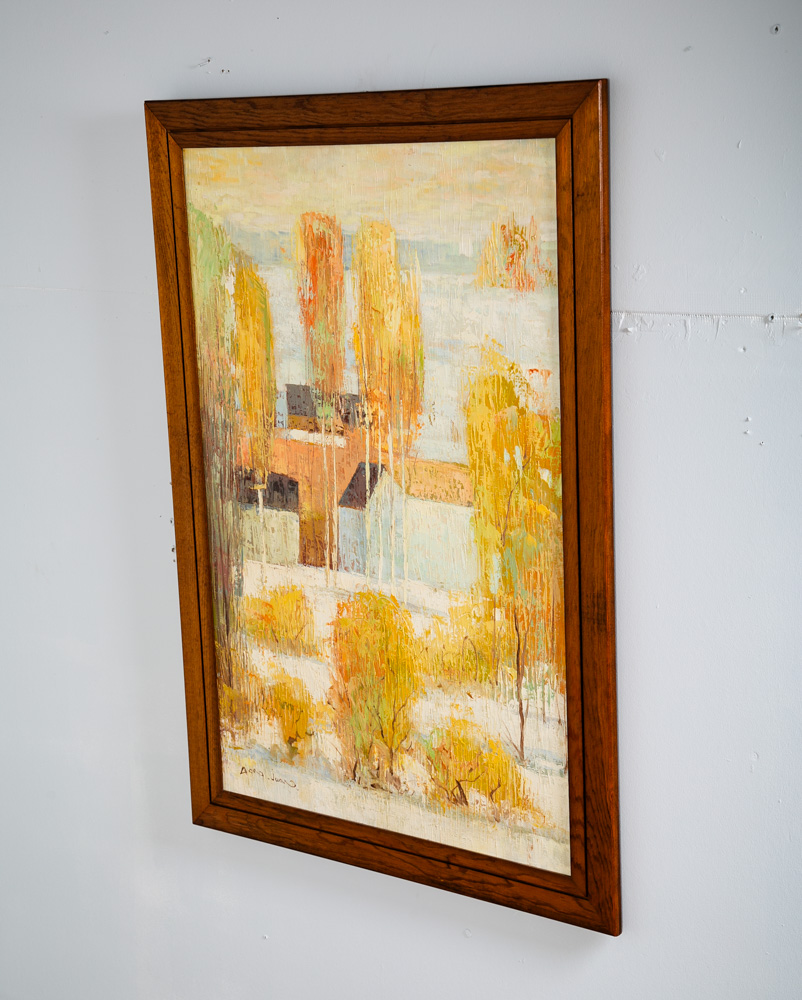 Mid Century Modern Oil Painting Original Art Abstract Landscape Signed Tan White - Image 2
