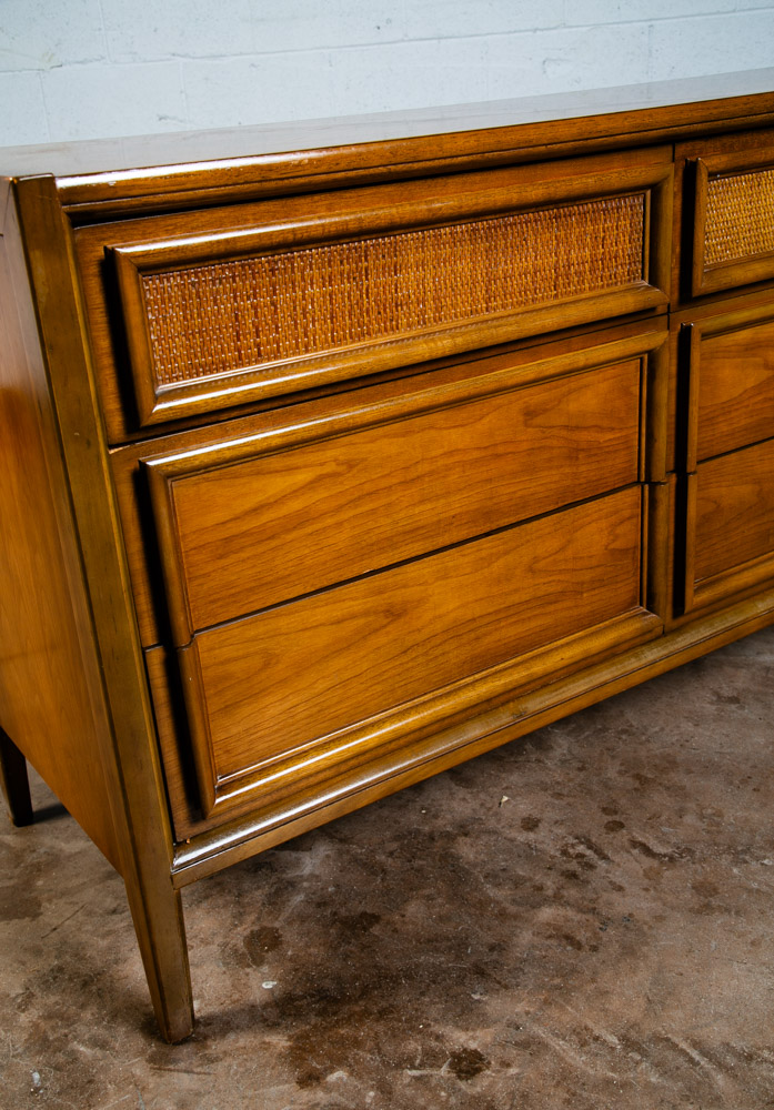 Mid Century Modern Dresser Credenza Thomasville Wide 9 Drawer Walnut Cane Mcm - Image 12