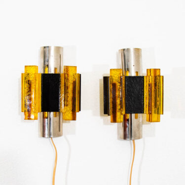 Mid Century Modern Wall Sconces Hanging Lamp Set Pair Chrome Black Amber Set