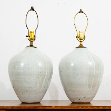 Mid Century Modern Table Lamp Set Pair Signed Ceramic White Pottery Round 1961