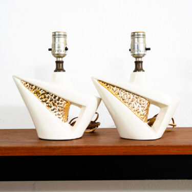 Mid Century Modern Lamp Set Ceramic White Speckled Pair Tall Table Vintage Gold