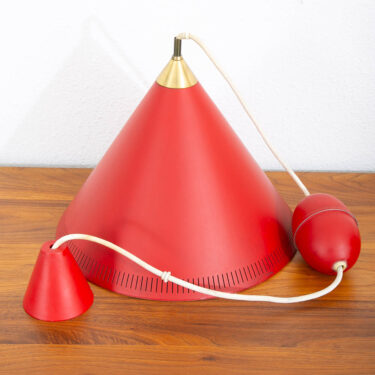 Mid Century Danish Modern Pendant Lamp Lyfa Kegle Red Hanging Pulley Light Cone
