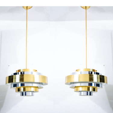 Mid Century Modern Chandelier Pendant Lamp Set Light Gold Brass Silver Feldman