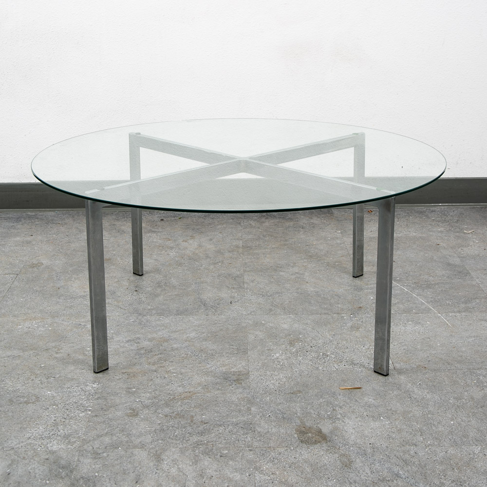 Mid Century Modern Coffee Table Metal Round Glass Vintage Circular X Base Silver - Image 3