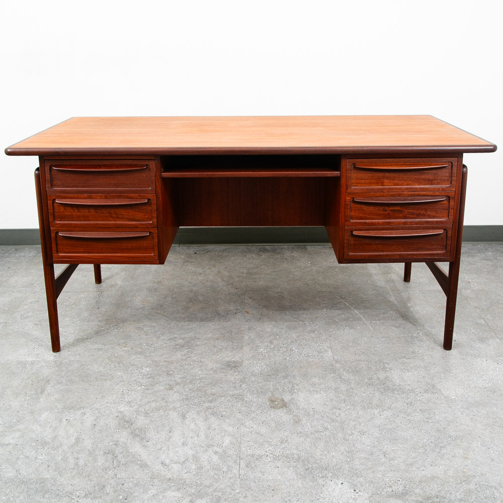 Mid Century Danish Modern Desk Executive Teak Finnish 6 Drawer Bookshelf Cabinet - Image 2