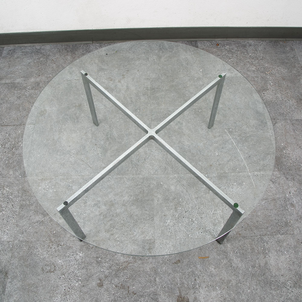 Mid Century Modern Coffee Table Metal Round Glass Vintage Circular X Base Silver - Image 2