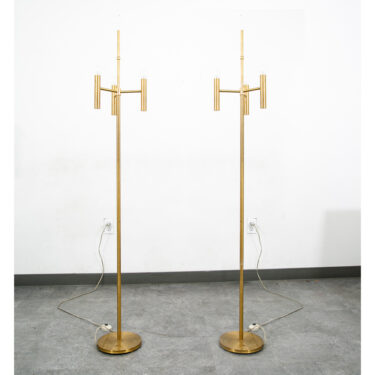 Mid Century Modern Floor Lamp Set Light Gold Brass 3 Light Atomic Vintage Round