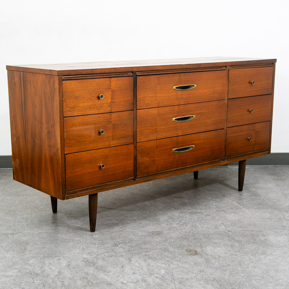 Mid Century Modern Dresser Credenza 9 Drawer Vintage Walnut Danish Drexel Lane