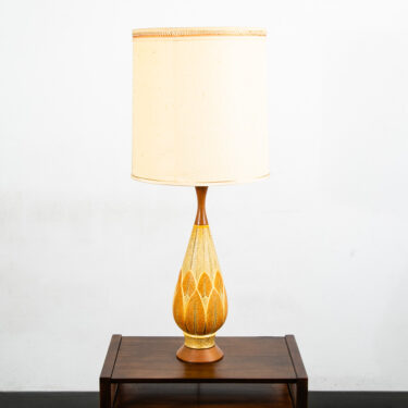 Mid Century Modern Table Lamp Light Ceramic Yellow Orange Walnut Vintage Round