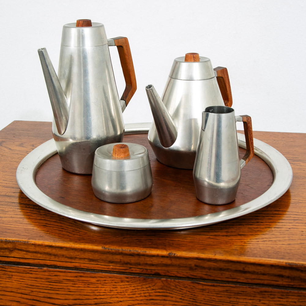 Mid Century Modern KMD Tiel Daalderop Coffee Jug Set Pewter Teak 8 Pc Platter