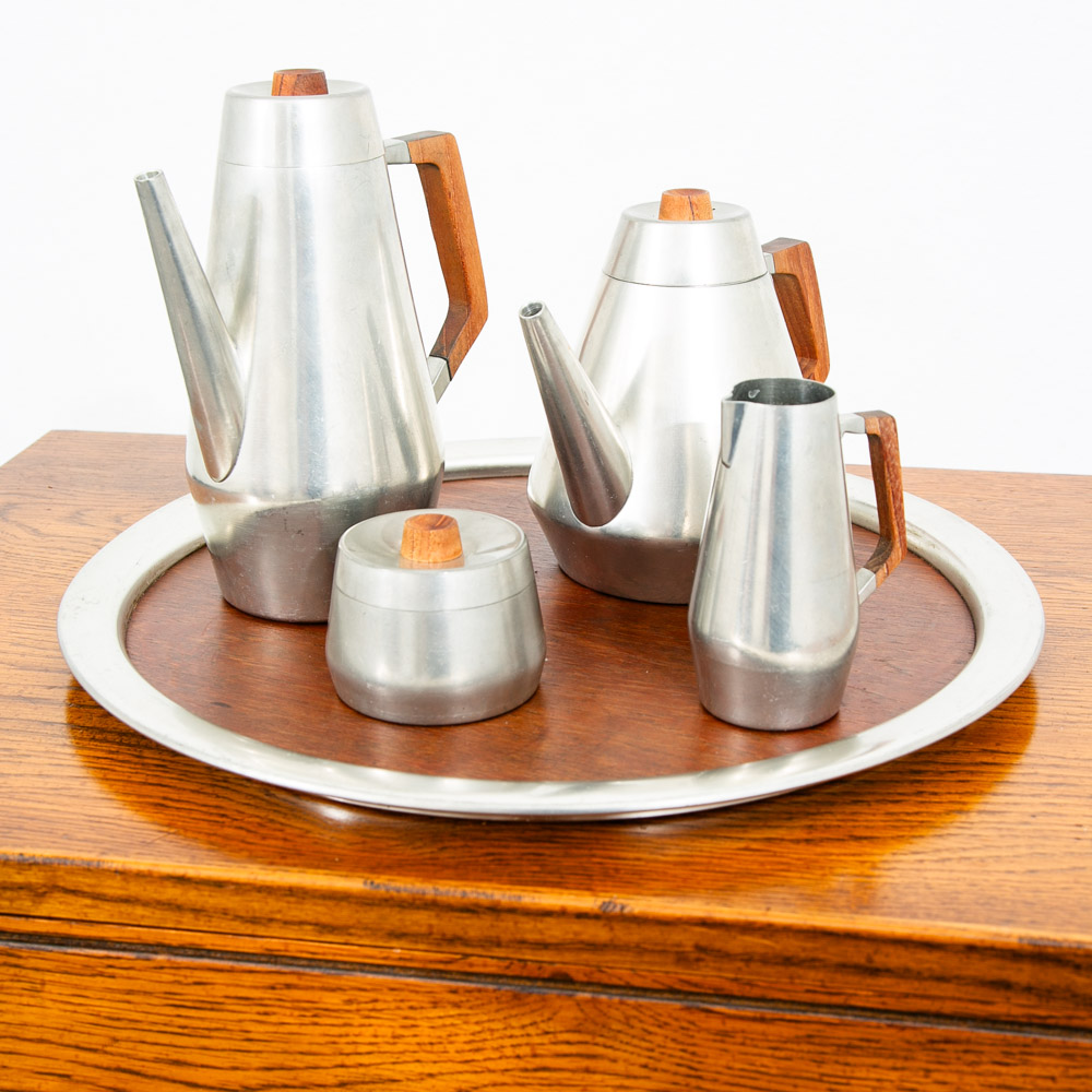 Mid Century Modern KMD Tiel Daalderop Coffee Jug Set Pewter Teak 8 Pc Platter - Image 2