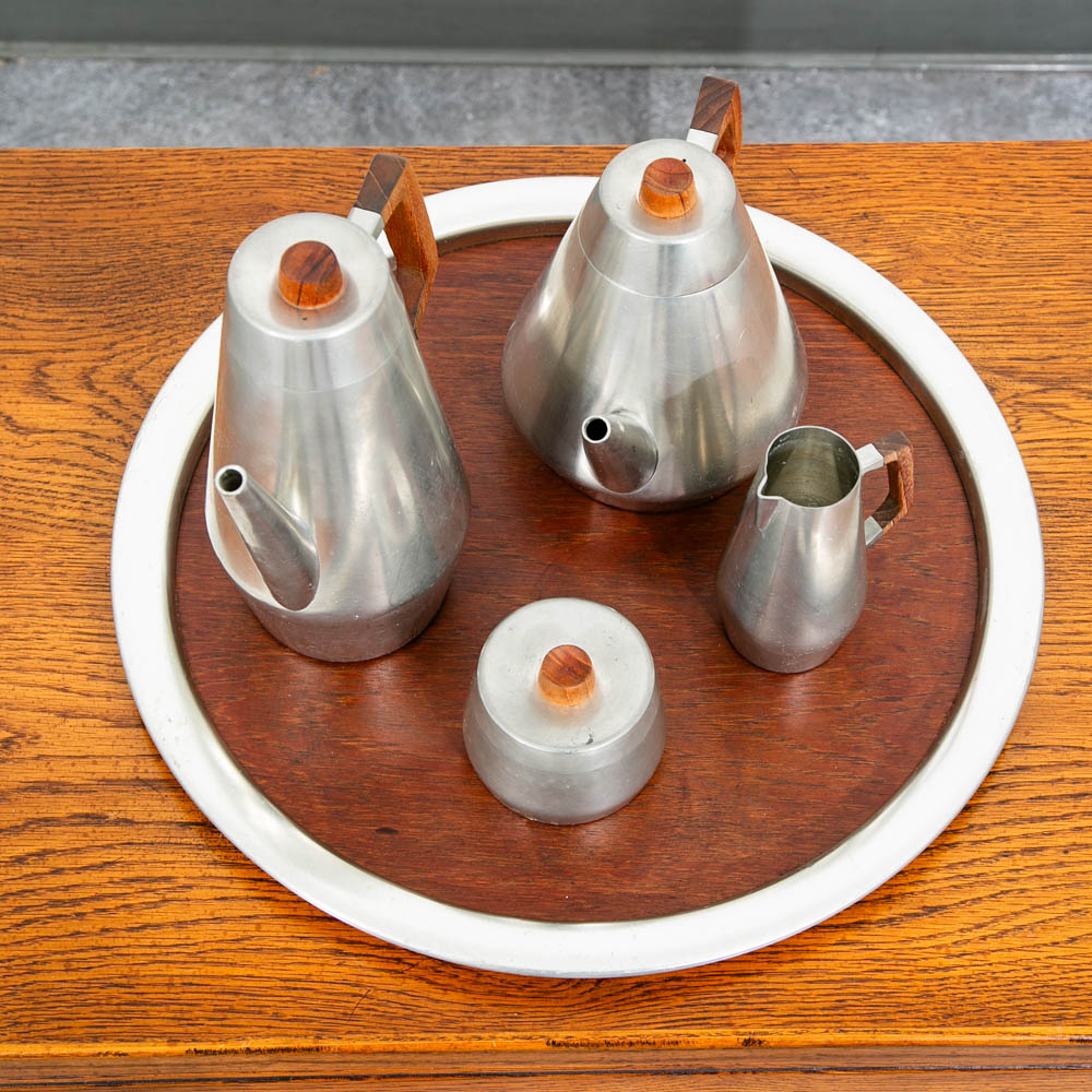 Mid Century Modern KMD Tiel Daalderop Coffee Jug Set Pewter Teak 8 Pc Platter - Image 3
