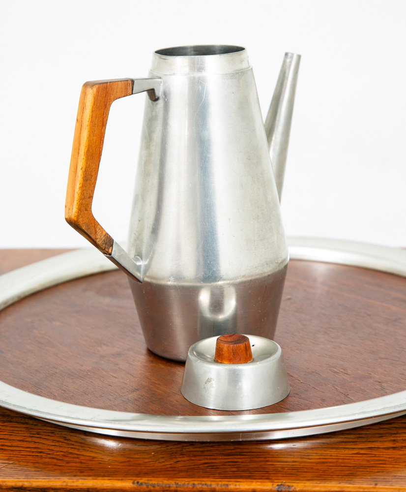 Mid Century Modern KMD Tiel Daalderop Coffee Jug Set Pewter Teak 8 Pc Platter - Image 5