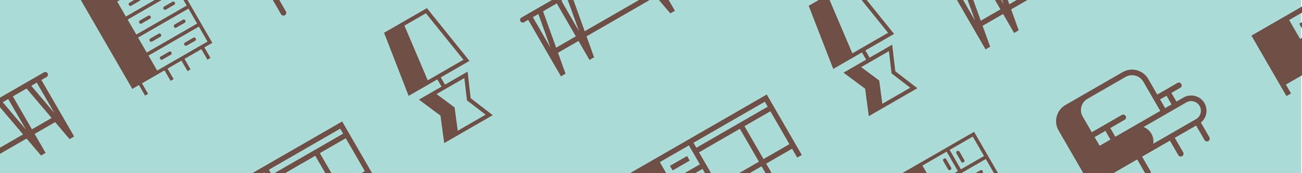 Repeating pattern of brown line-drawn mid-century furniture on a pale teal background