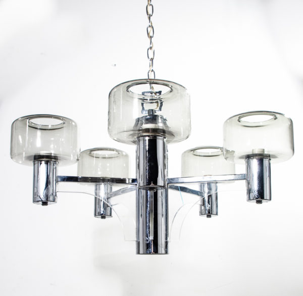 Mid Century Modern Chandelier Light Lamp Lightolier Sciolari Chrome Lucite Smoked Glass Metal Tested Vintage 6 light Hanging Sonneman
