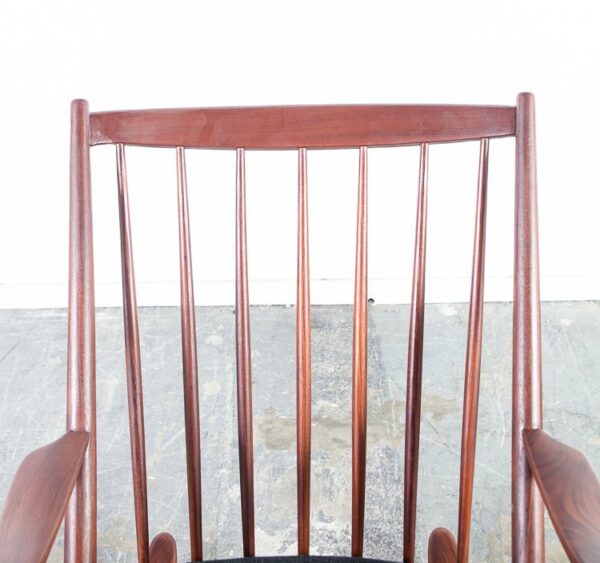 Mid Century Danish Modern Rocking Chair Frank Reenskaug Bramin Solid Teak Wood Rocker Black Tweed Restored Denmark Arm Lounge Easy Vintage