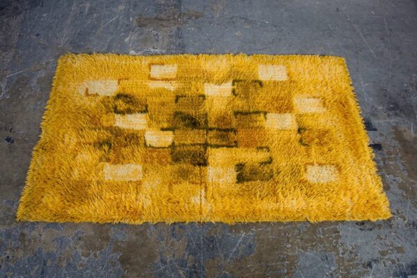Mid Century Danish Modern Shag Rug Carpet Rya Ege Yellow Green Wool Hand Knotted Abstract 3x5' Runner Denmark Vintage Bright Tapestry