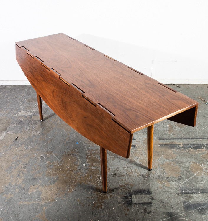 Mid century modern dining table drexel parallel leafs fold up walnut vintage Barney Flagg signed Scandanavian restored Danish modern extend