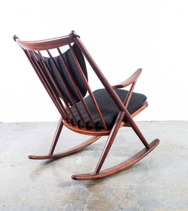 Mid Century Danish Modern Rocking Chair Frank Reenskaug Bramin Solid Teak Wood Rocker Black Tweed Restored Denmark Arm Lounge Easy Vintage