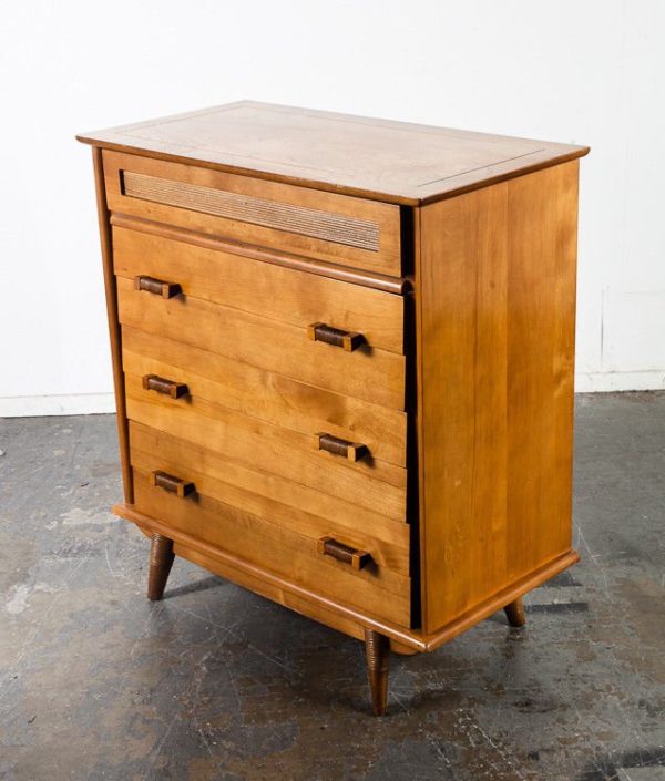 Mid Century Modern Dresser Highboy Solid Cherry Wood Vintage Danish Tallboy Mcm Four Drawer Rope Handles Rare Danish Modern 4 Drawer Stamped - Image 4