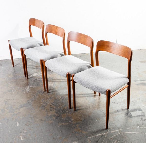 Mid century danish modern dining chairs set 4 niels moller j l 75 grey solid teak wood Wool Tweed Reupholstered Denmark Vintage Side - Image 6