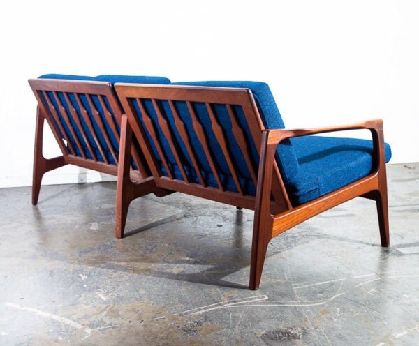 Mid century danish modern sofa couch solid teak japan vintage 3 seat blue tweed japanese modern sculpted arms unique design living room seat