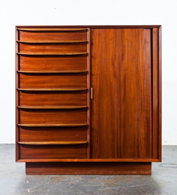 Mid century danish modern highboy dresser falster manufacturer tambour door solid teak large 17 drawer 9 hidden drawers functional design