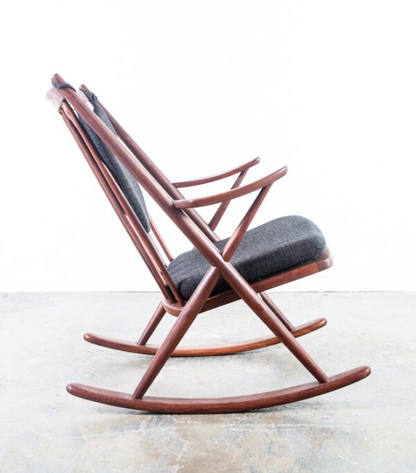 Mid Century Danish Modern Rocking Chair Frank Reenskaug Bramin Solid Teak Wood Rocker Black Tweed Restored Denmark Arm Lounge Easy Vintage