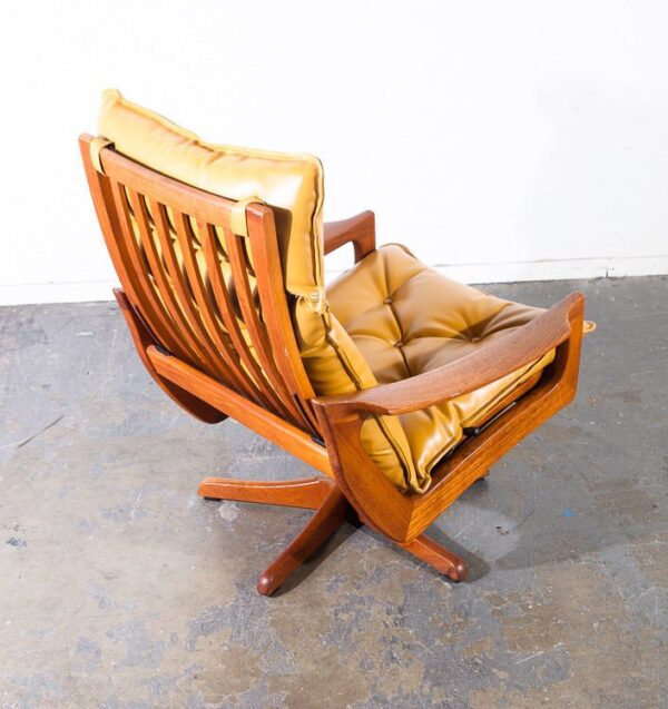 Mid century danish modern lounge chair recliner solid teak lied mobler ottoman mustard yellow leather swivel base time capsule condition