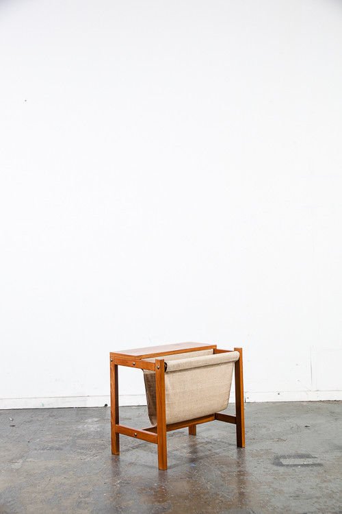 Mid century danish modern magazine rack side table teak Domi Horsens Denmark Mcm Small Wood Sweden Norway Scandanavian Canvas Brown White