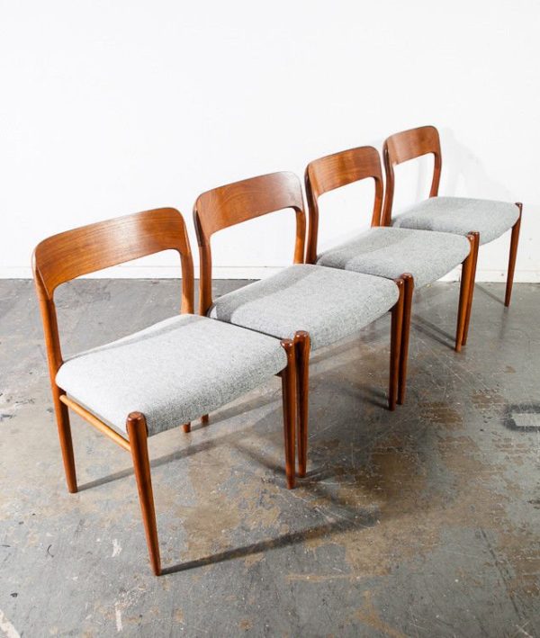 Mid century danish modern dining chairs set 4 niels moller j l 75 grey solid teak wood Wool Tweed Reupholstered Denmark Vintage Side - Image 4