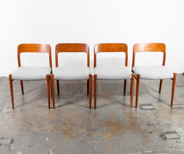 Mid century danish modern dining chairs set 4 niels moller j l 75 grey solid teak wood Wool Tweed Reupholstered Denmark Vintage Side - Image 3