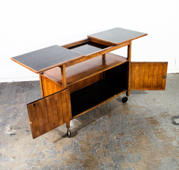 Mid Century Modern Rolling Cart Trolley Extending Storage Serving Wood Black Mcm