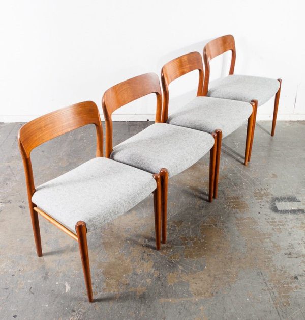 Mid century danish modern dining chairs set 4 niels moller j l 75 grey solid teak wood Wool Tweed Reupholstered Denmark Vintage Side