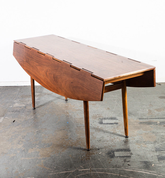 Mid century modern dining table drexel parallel leafs fold up walnut vintage Barney Flagg signed Scandanavian restored Danish modern extend