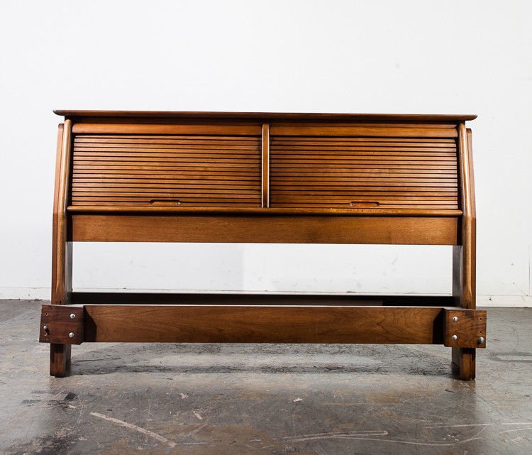 Mid Century Modern headboard bed frame Queen Q Drexel Projection Vintage Koert Storage Cabinet Danish Denmark Broyhill Martinsville