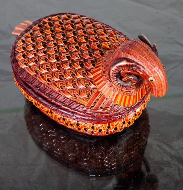 Mid century modern ram wicker rattan basket box mcm scandanavian weave bojesen hand woven handmade lidded bamboo animal shaped bojesen era