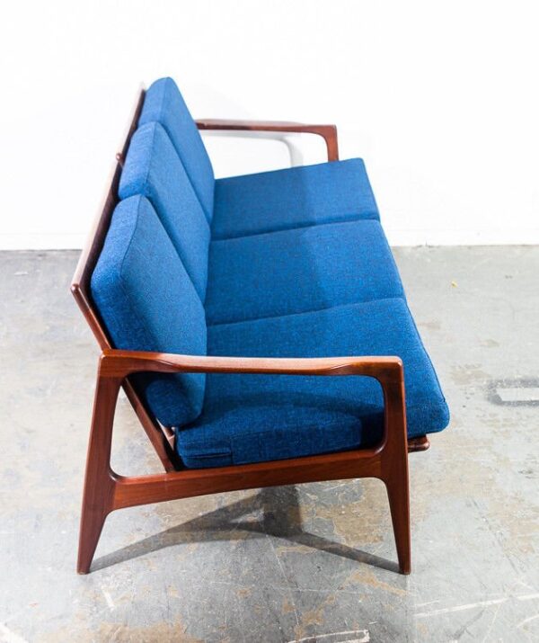 Mid century danish modern sofa couch solid teak japan vintage 3 seat blue tweed japanese modern sculpted arms unique design living room seat